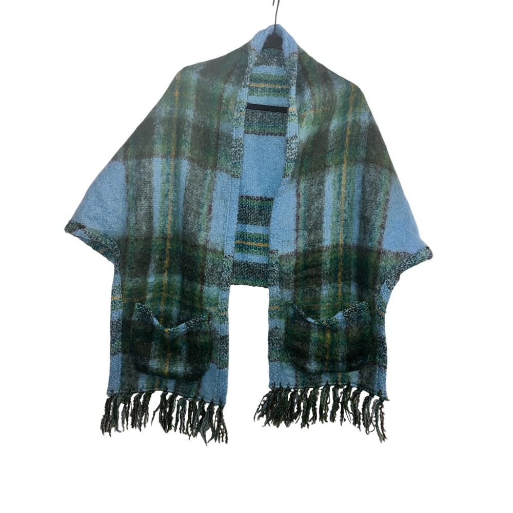 Donegal Design Mohair Wool Plaid Pocket Shawl Wrap Blue Green Ireland